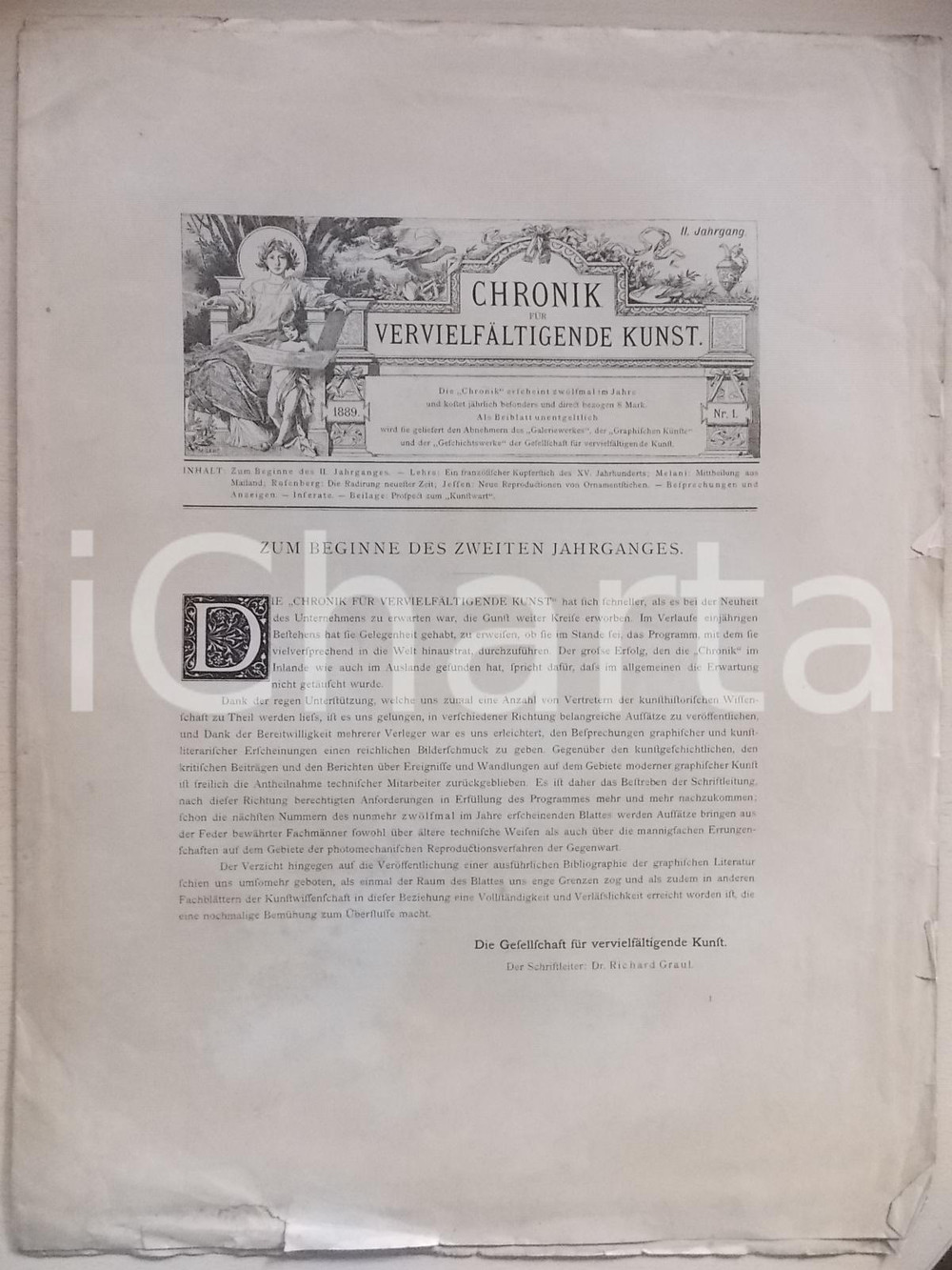 Giornale, rivista storica 1889 CRONIK fur VERVIELFALTIGENDE KUNST Mittheilung aus Mailand nÂ° 1 1