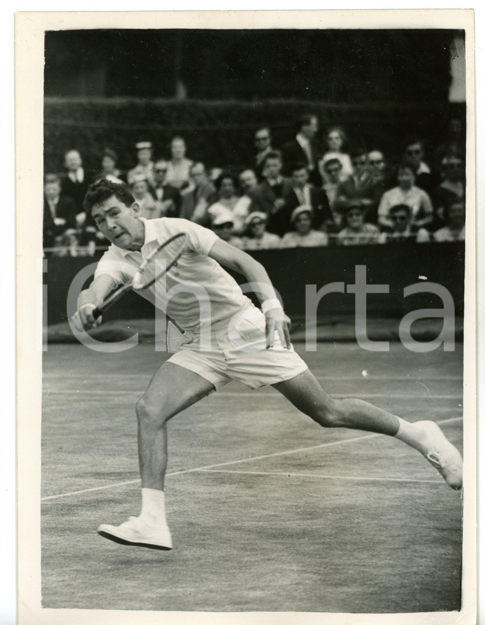 1955 LONDON WIMBLEDON TENNIS Mike DAVIES during the march against Giuseppe MERLO Fotografia d'epoca con didascalia coeva.  CONDIZIONI: FAIR (bassa qualit&agrave; e lievi difetti di stampa; mancanza di pellicola al margine destro) FORMATO: 15x20 cm     originale e autentica 1
