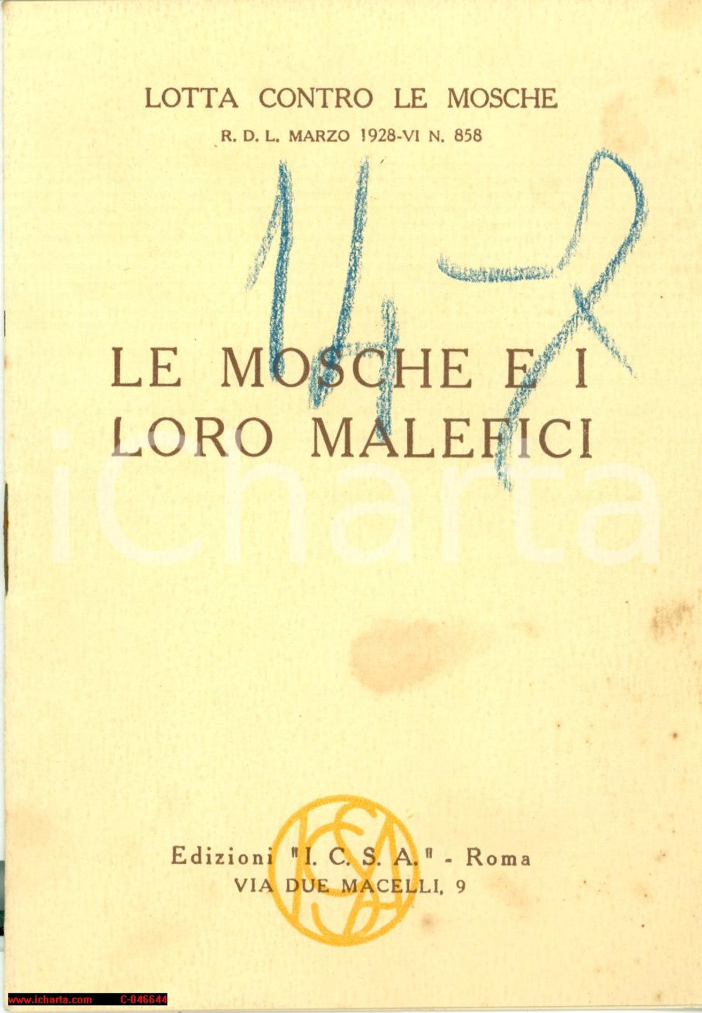 Libro, pubblicazione d'epoca 1928 ROMA Le MOSCHE e i loro malefici opuscolo 1
