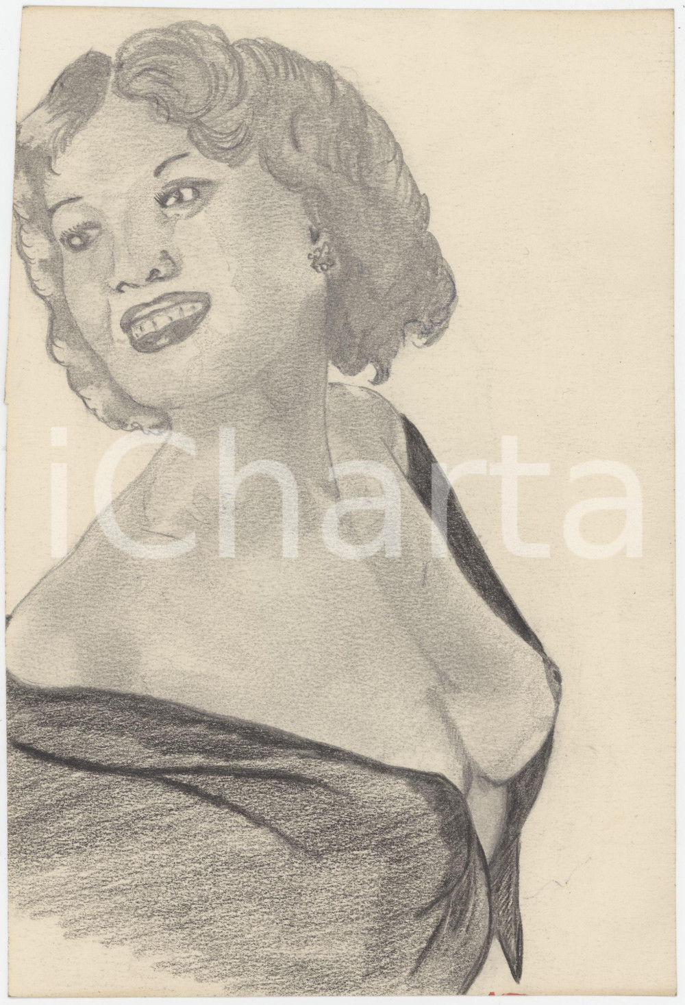 1950 ca EROTICA VINTAGE Busto di donna - Schiena - Disegno a matita DOPPIO  Disegno originale a matita su carta, realizzato su due lati. GOOD/buono  Formato: 16x24 cm originale e autentica 1
