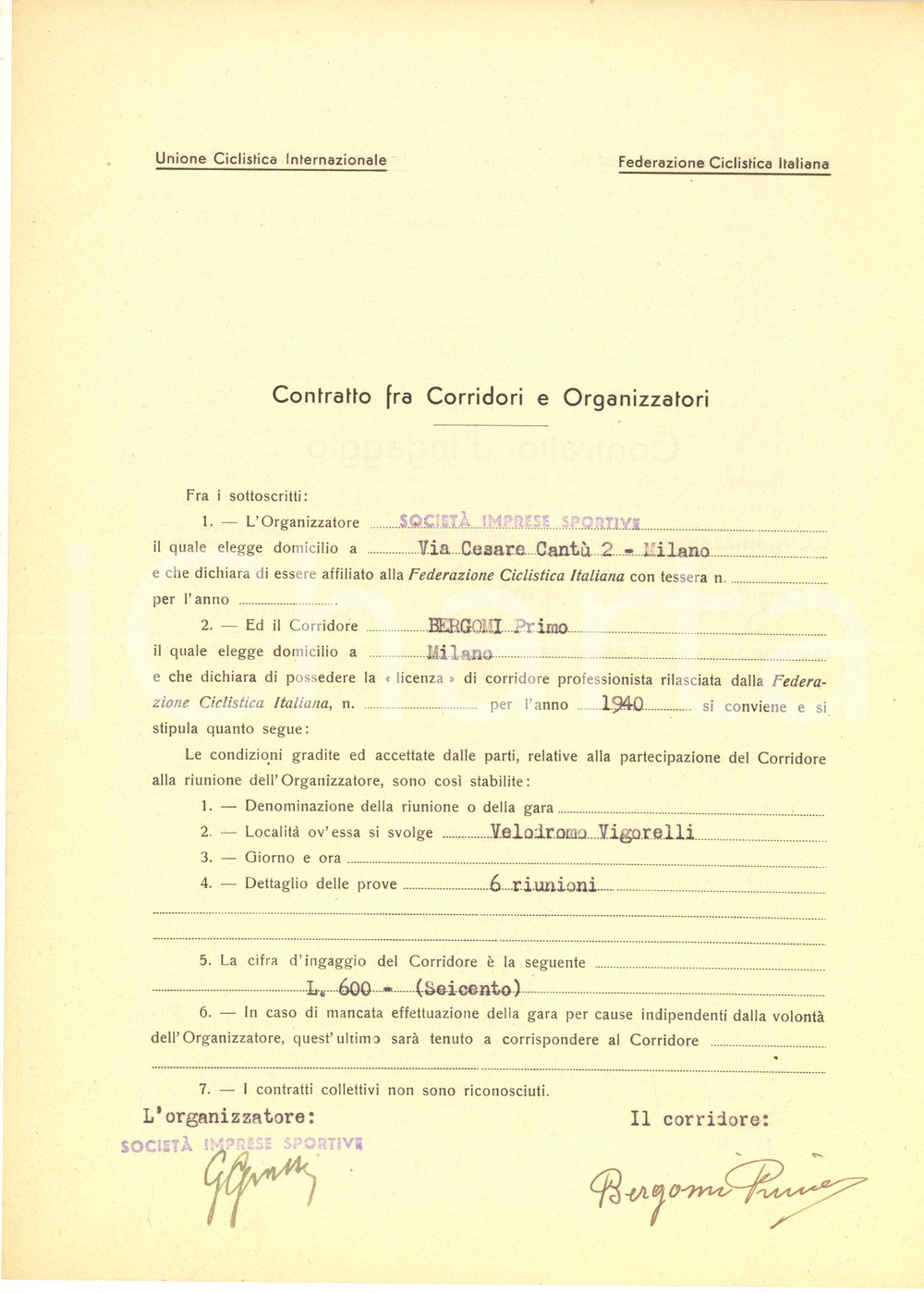 1940 CICLISMO MILANO VIGORELLI - Contratto ingaggio Primo BERGOMI - Autografo
