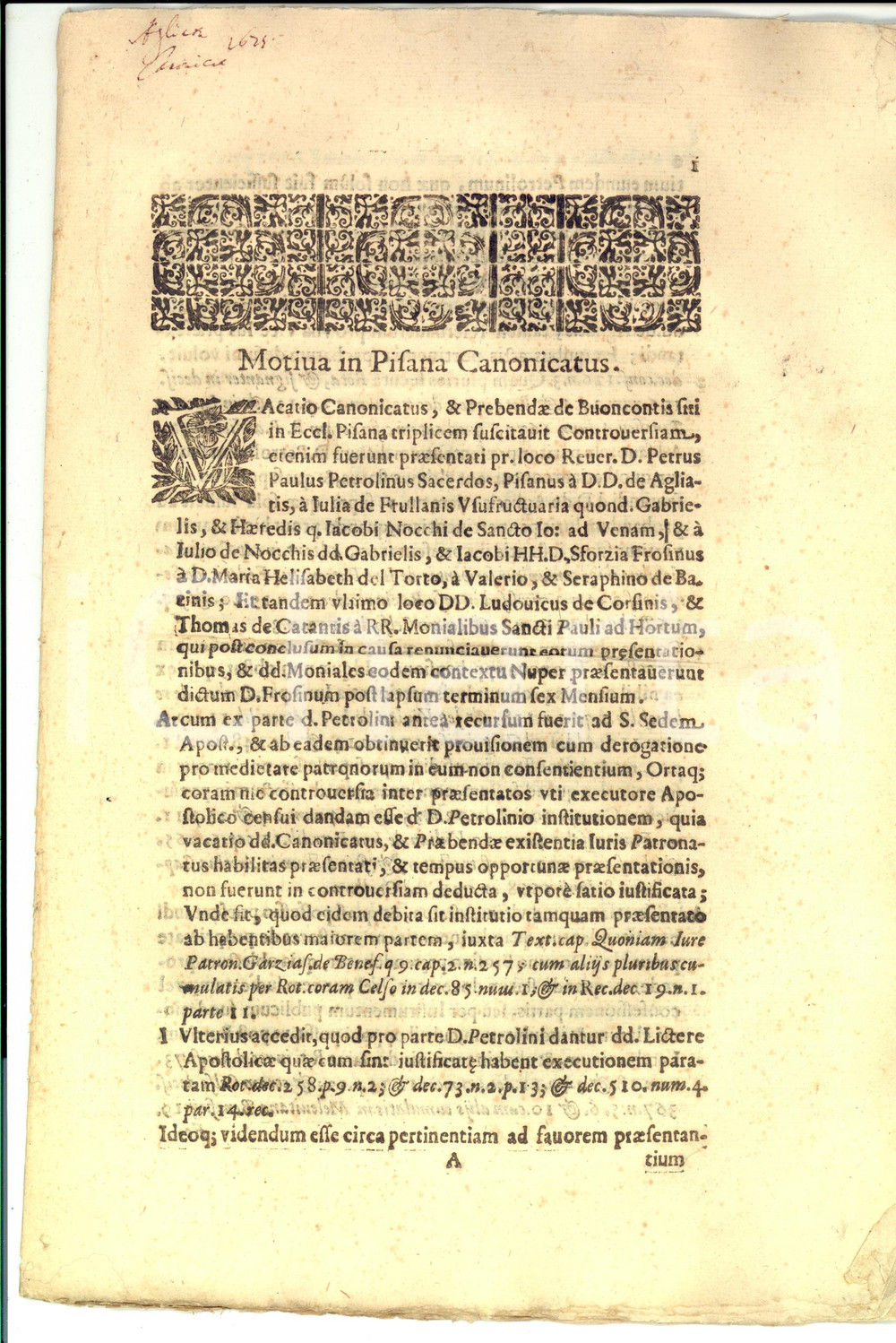 Documento originale, autentico 1675 PISA Lite per canonicato vacante della famiglia BUONCONTI 1