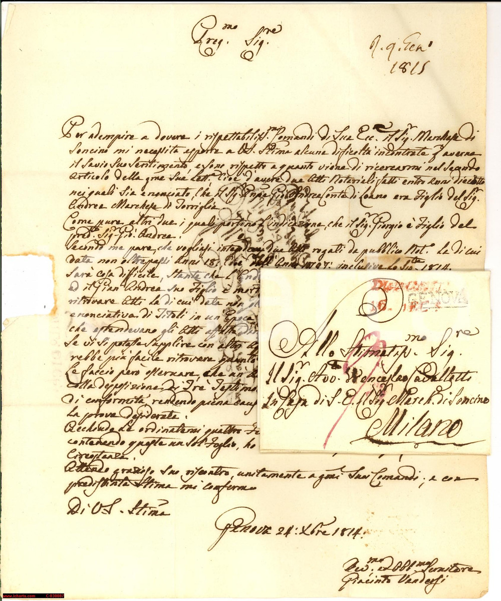Manoscritto, lettera originale 1825 GENOVA Dubbia paternità del nobile Andrea di TORRIGLIA Lettera 1