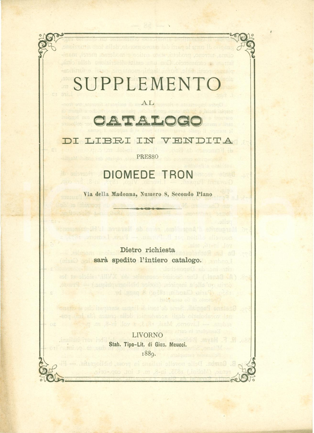 Libro, pubblicazione d epoca 1889 LIVORNO Catalogo Libreria Diomede TRON Supplemento 1