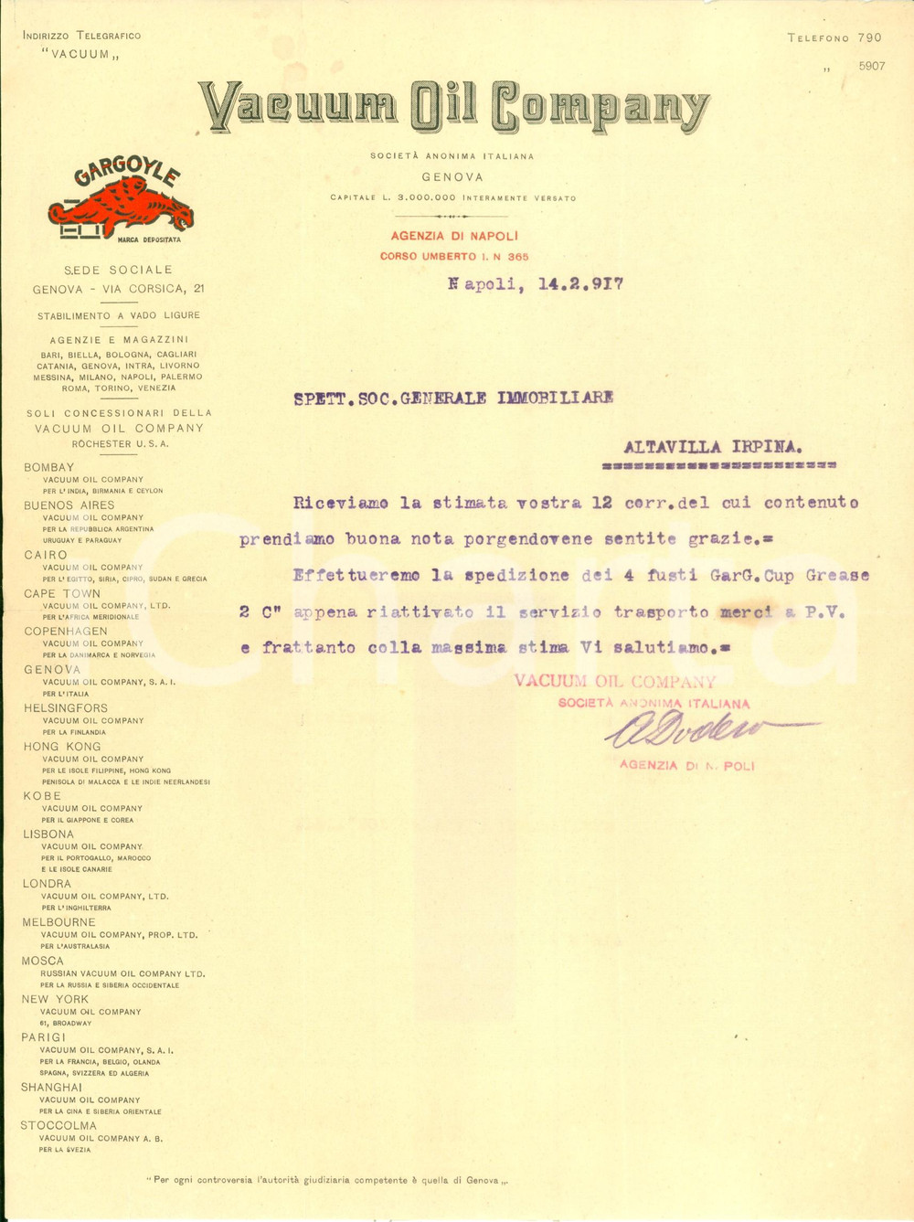 Documento originale, autentico 1917 GENOVA SocietÃ  VACUUM OIL COMPANY Lettera commerciale ILLUSTRATA 1