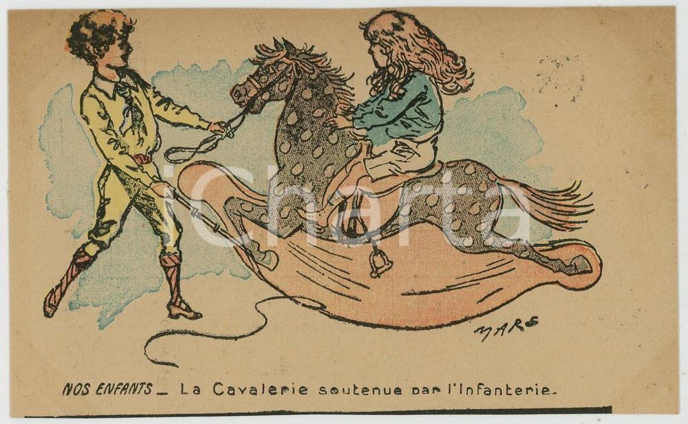1900 ca NOS ENFANTS Cavalerie soutenue par infanterie Cheval à bascule *Postcard  Cartolina d'epoca, non viaggiata. FAIR/discreto Smussature agli angoli Formato: FP originale e autentica 1