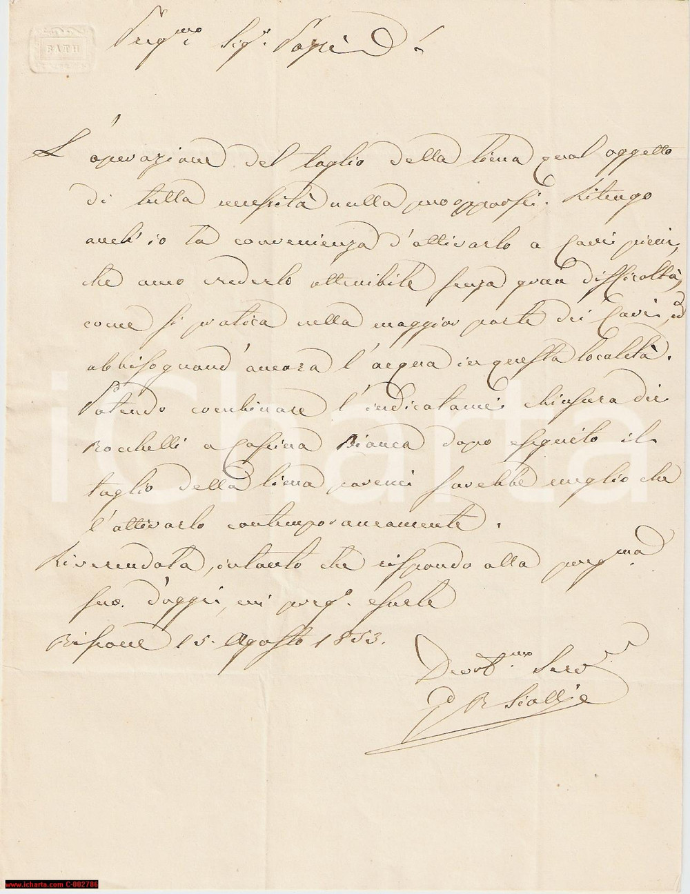 Manoscritto, lettera originale 1853 SANTA CRISTINA E BISSONE PV Acqua a casa LITTA VISCONTI Lettera 1