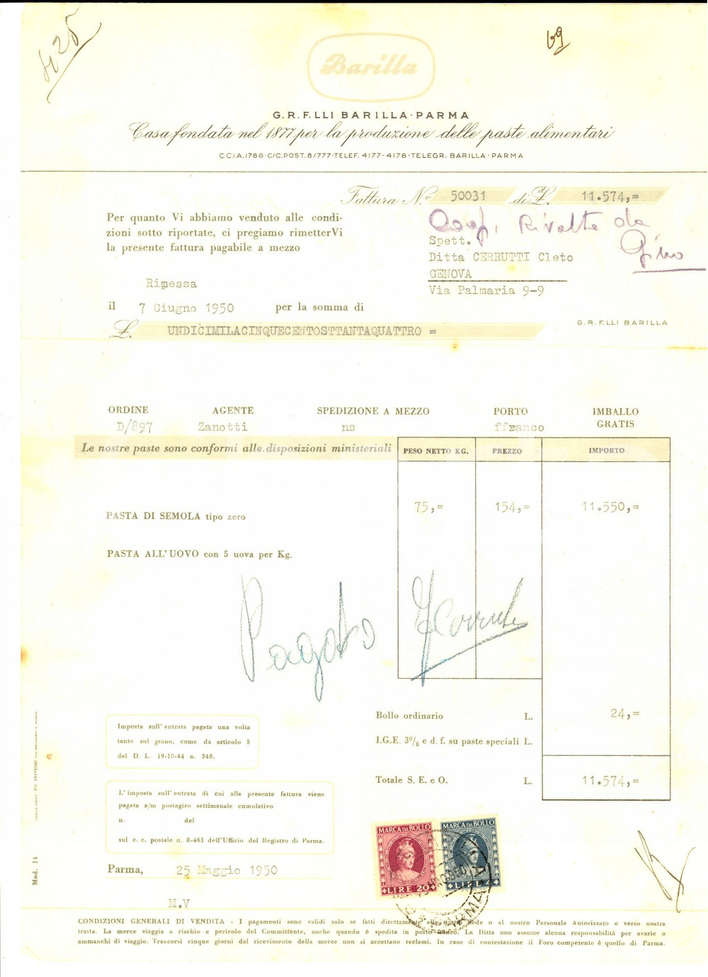 Documento originale, autentico 1950 PARMA Ditta F.lli BARILLA paste alimentari Fattura intestata 1