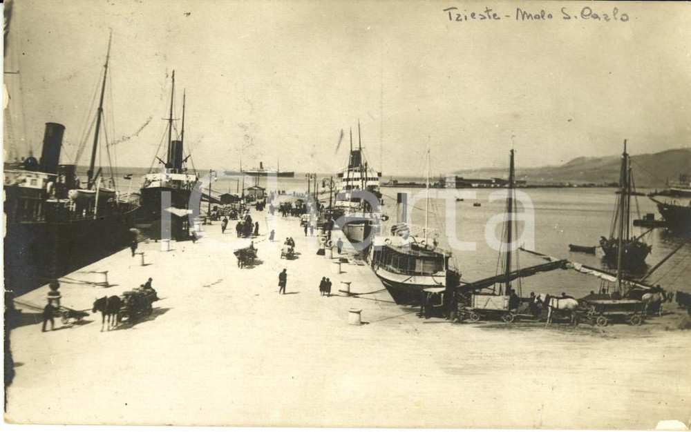 Cartolina originale da collezione 1915 TRIESTE Navi merci al molo SAN CARLO *Cartolina postale ANIMATA FP VG 1