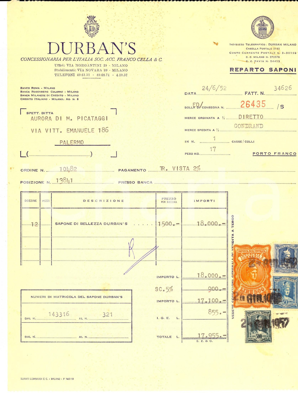 Documento originale, autentico 1952 MILANO DURBAN S Soc. Acc. Franco CELLA Fattura per sapone di bellezza 1