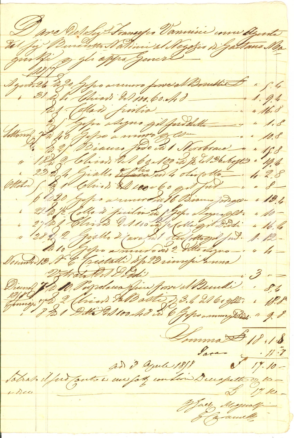 Manoscritto, lettera originale 1858 FIRENZE Francesco VANNINI acquista chiodi e gesso 1