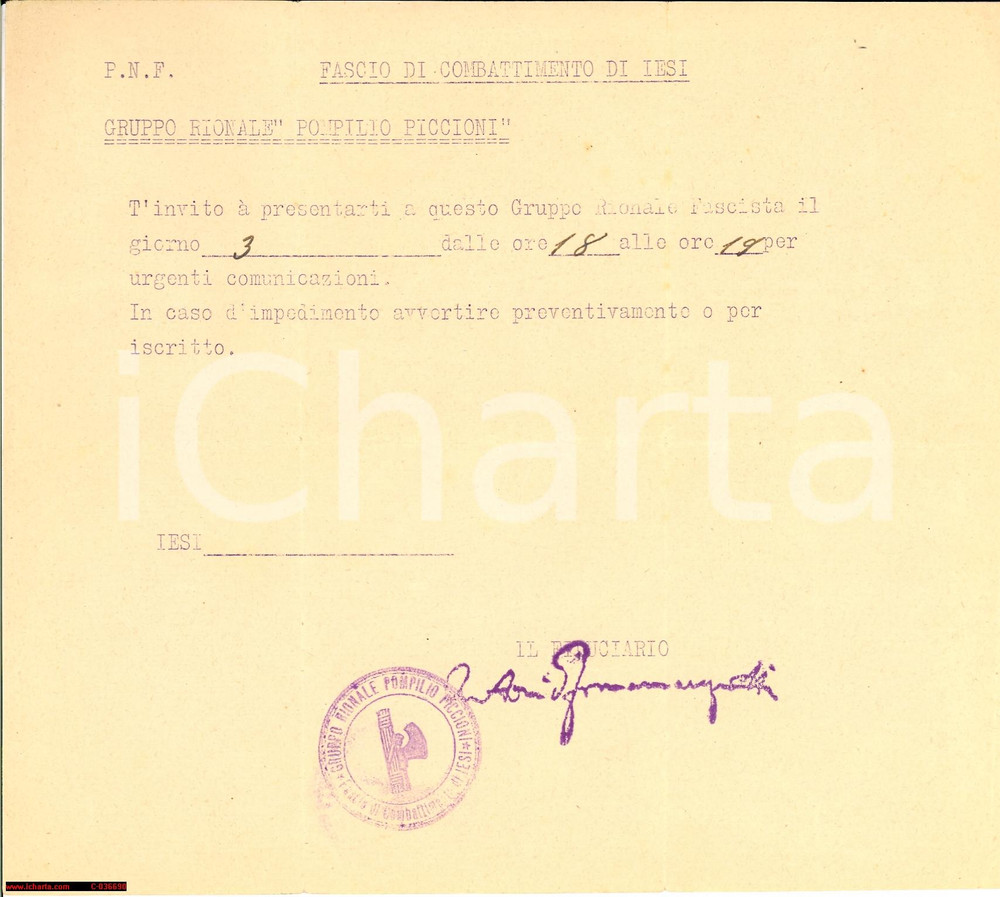 Documento originale, autentico 1930 ca JESI Riunione Gruppo Rionale Fascista Pompilio Piccioni  Convocazione 1