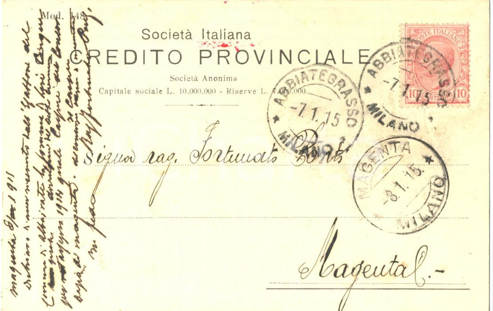 Documento originale, autentico 1915 ABBIATEGRASSO MI Società Italiana Credito Provinciale a Fortunato PONTI 1