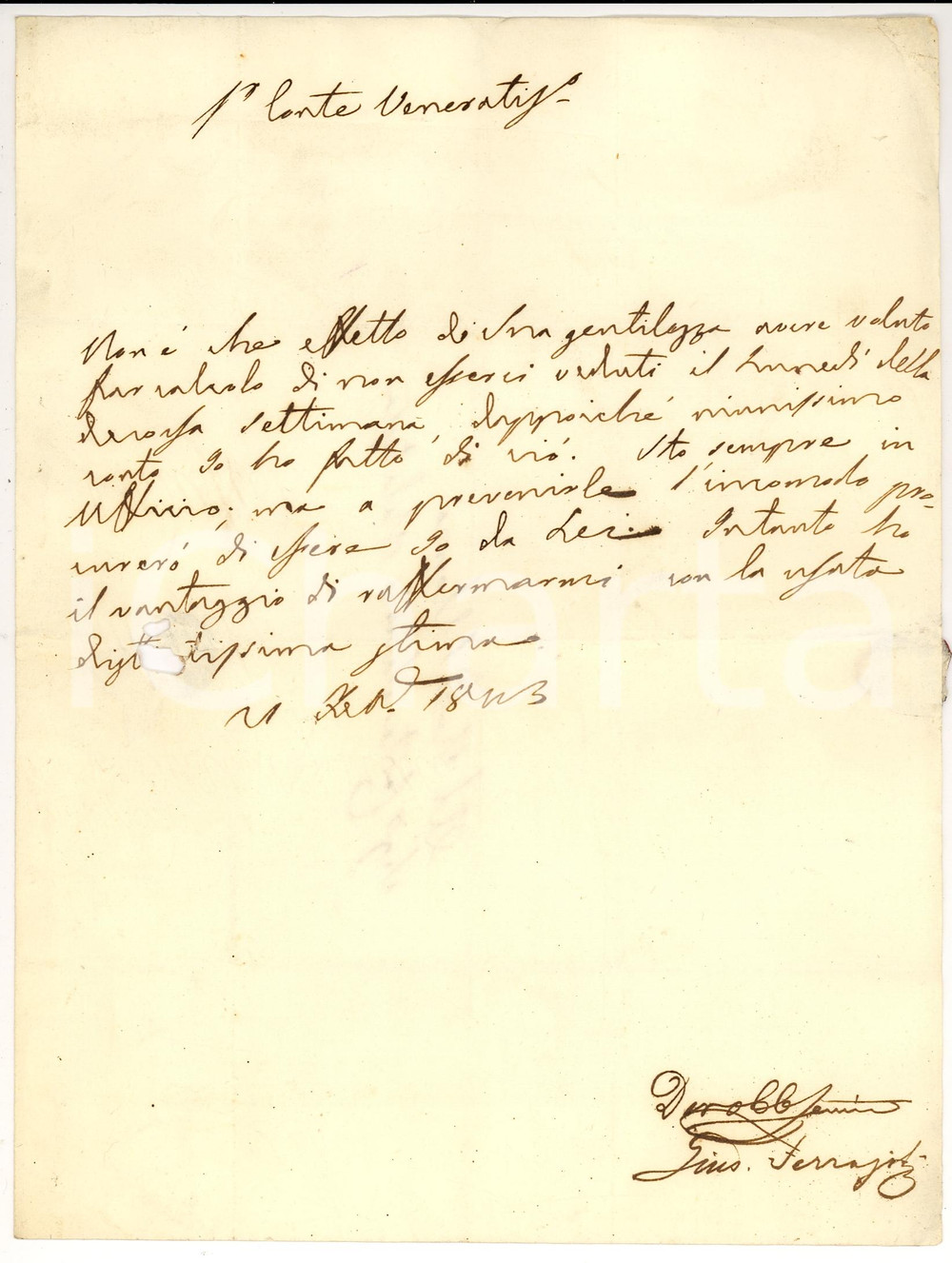 Manoscritto, lettera originale 1843 ROMA Autografo Giuseppe FERRAJOLI al nobile Saverio MALATESTA 1