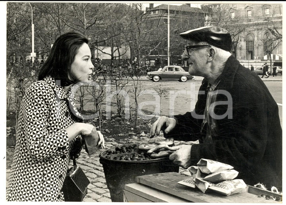 1967 NEW YORK Leslie CARON compra castagne da ambulante italiano *Foto 18x13