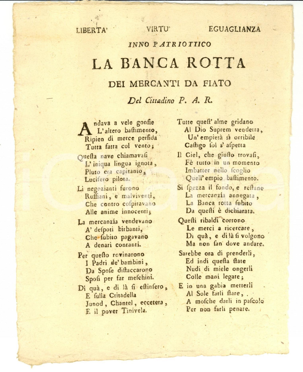 Documento originale, autentico 1800 REPUBBLICA PIEMONTESE Bancarotta dei marcanti da fiato INNO PATRIOTTICO 1