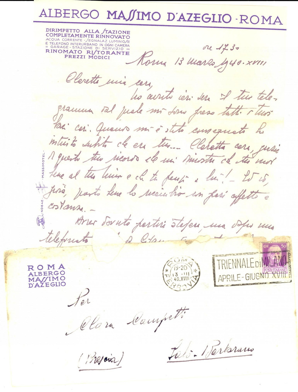 Manoscritto, lettera originale 1940 ROMA Albergo MASSIMO D AZEGLIO Lettera d amore a Clara CAMPETTI di SALO 1