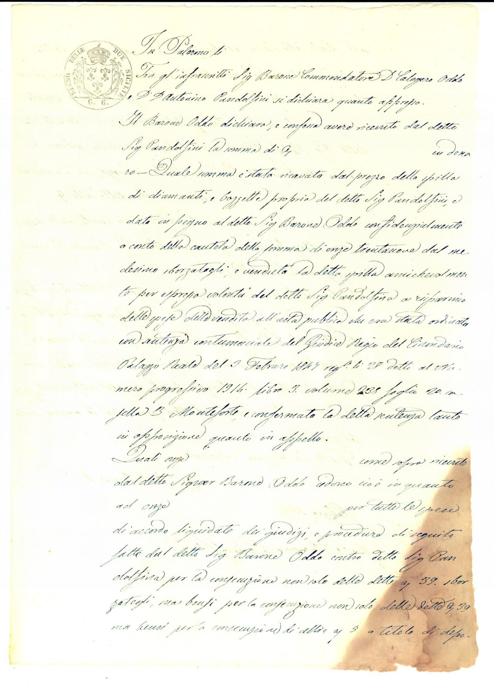 Documento originale, autentico 1850 ca PALERMO Calogero ODDO vende una spilla di diamanti di Antonio PANDOLFINI 1
