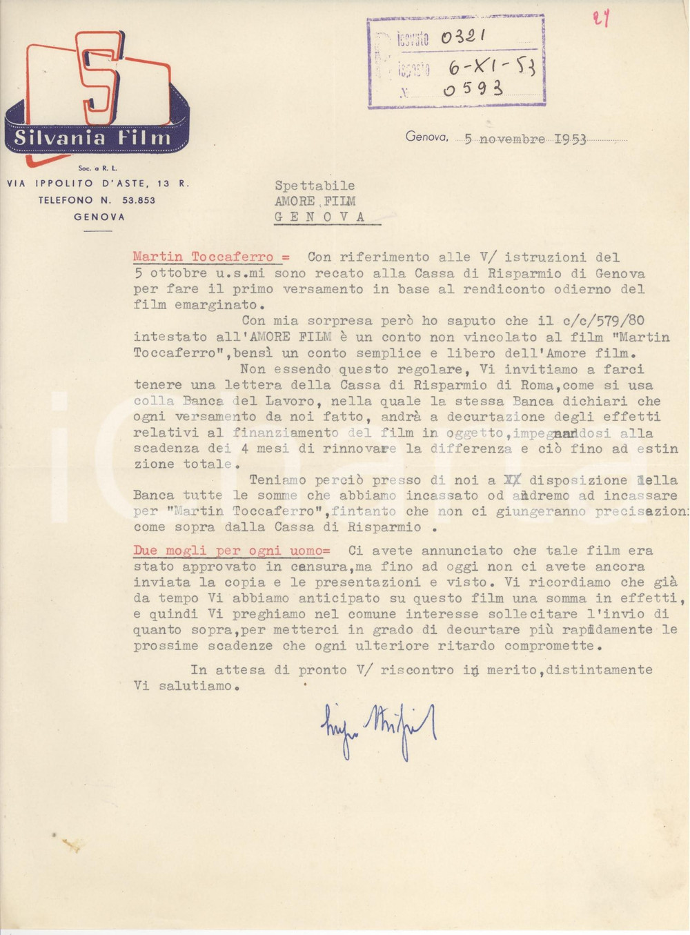 Manoscritto, lettera originale 1953 GENOVA SILVANIA FILM Luigi STRIZIOLI chiede saldo per 'Martin Toccaferro' 1