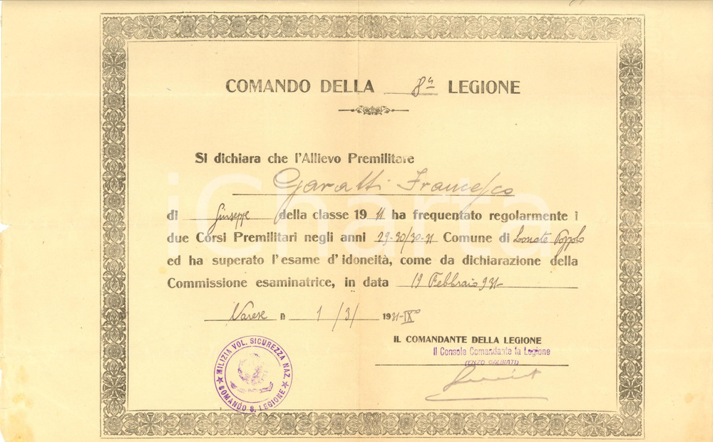 Documento originale, autentico 1931 LONATE POZZOLO 8 Legione MVSN Attestato Francesco GARATTI Corsi Premilitari 1