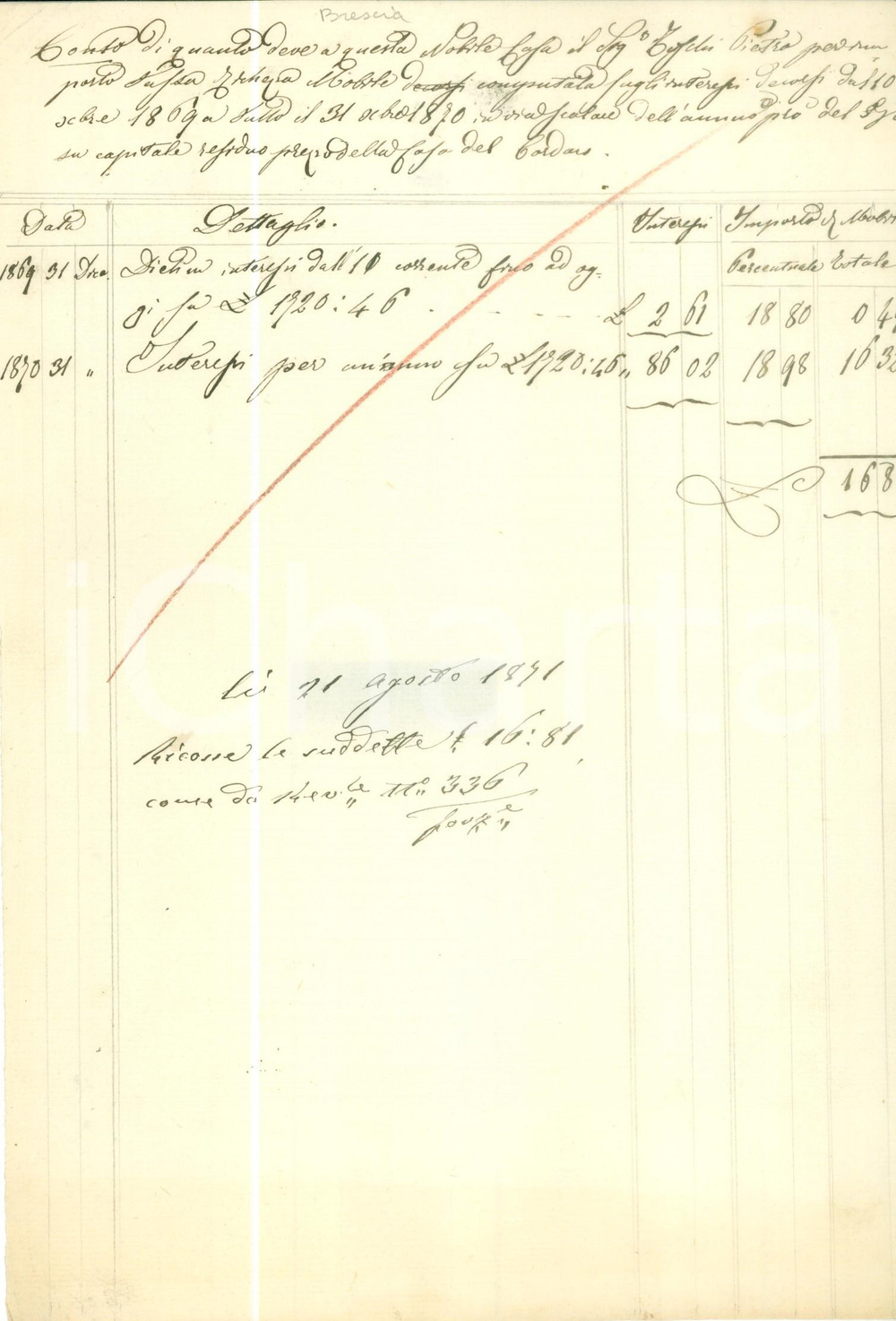 Documento originale, autentico 1870 BRESCIA Conto degli interessi dovuti da Pietro TOSCHI Documento 1