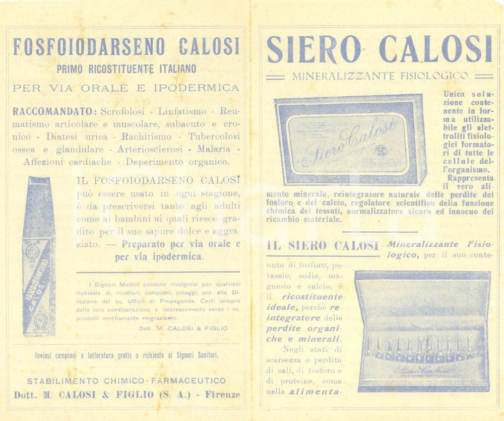 Materiale pubblicitario d’epoca 1920 ca FIRENZE Stabilimento chimicofarmaceutico CALOSI Siero mineralizzante 1