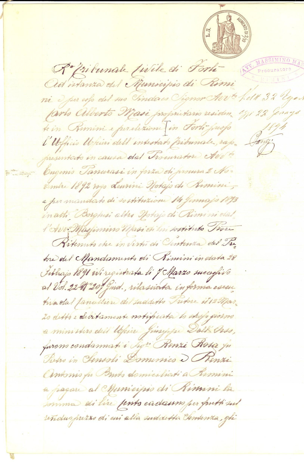 Documento originale, autentico 1894 SAN GIOVANNI IN MARIGNANO (RN) Vendita all'asta fondi BENELLI e VANNONI 1
