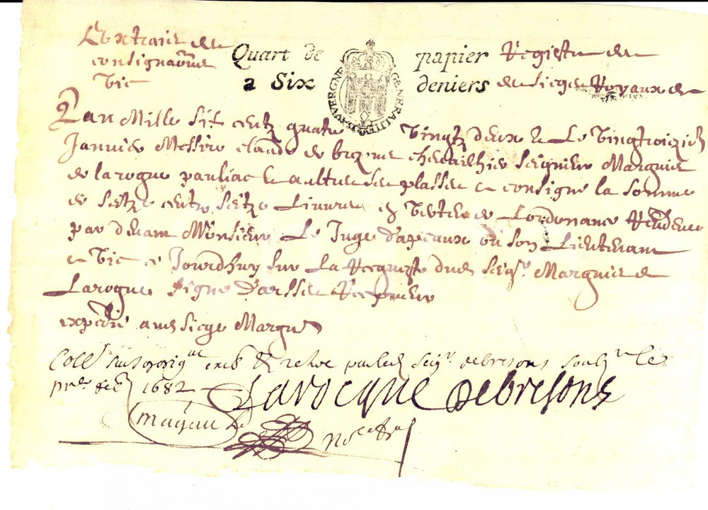 Documento originale, autentico 1682 AUVERGNE France Quittance marquis de LA ROCHE PAULIAC Autographe 1