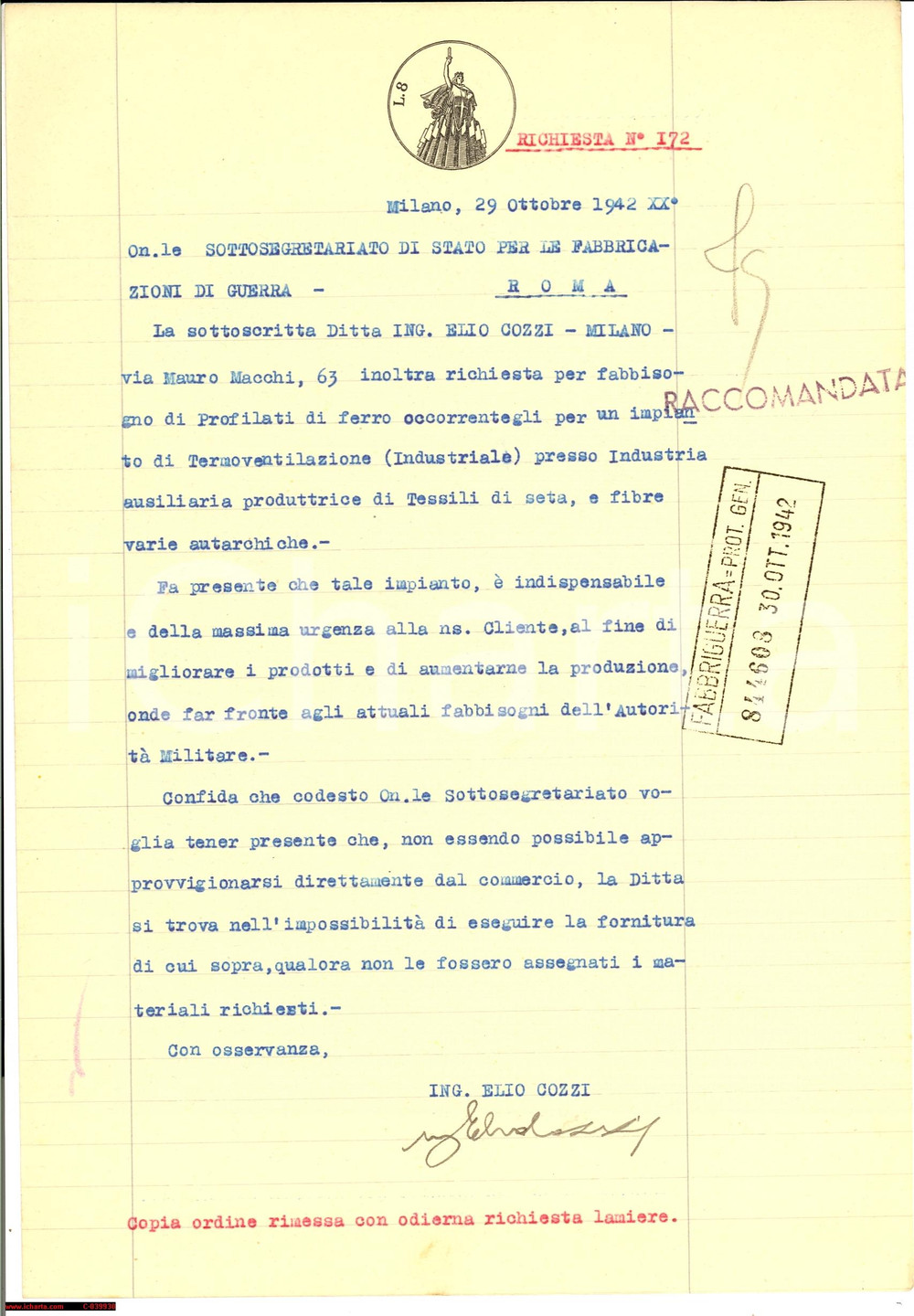 Manoscritto, lettera originale 1942 MILANO Ferro per industria fibre autarchiche COZZI 1