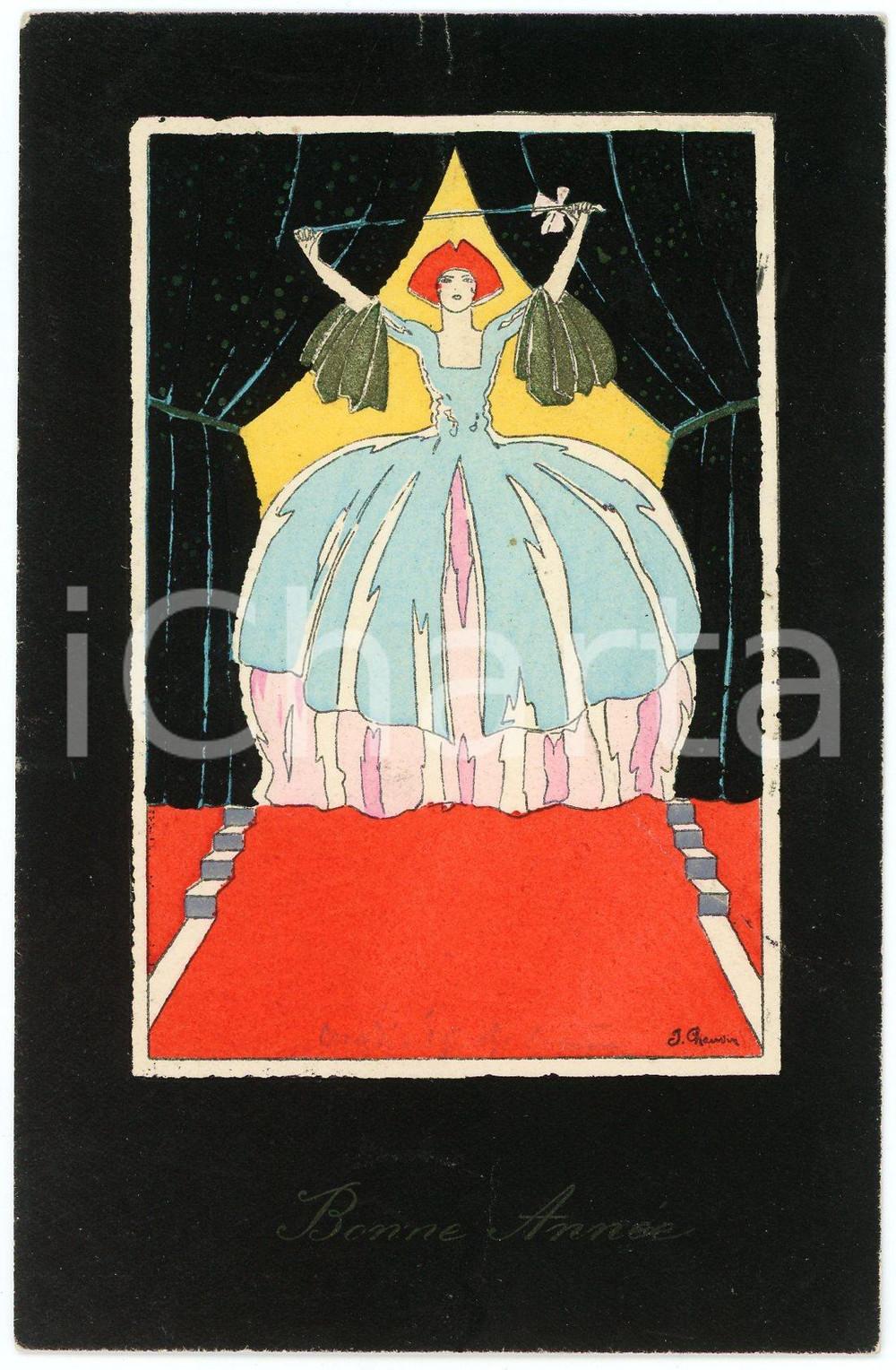 1910 ca ART DECO Artist Jules CHAUVIN - Woman with stick - Original postcard  Cartolina postale d'epoca, viaggiata nel 1935.CONDIZIONI: GFORMATO: FP    originale e autentica 1