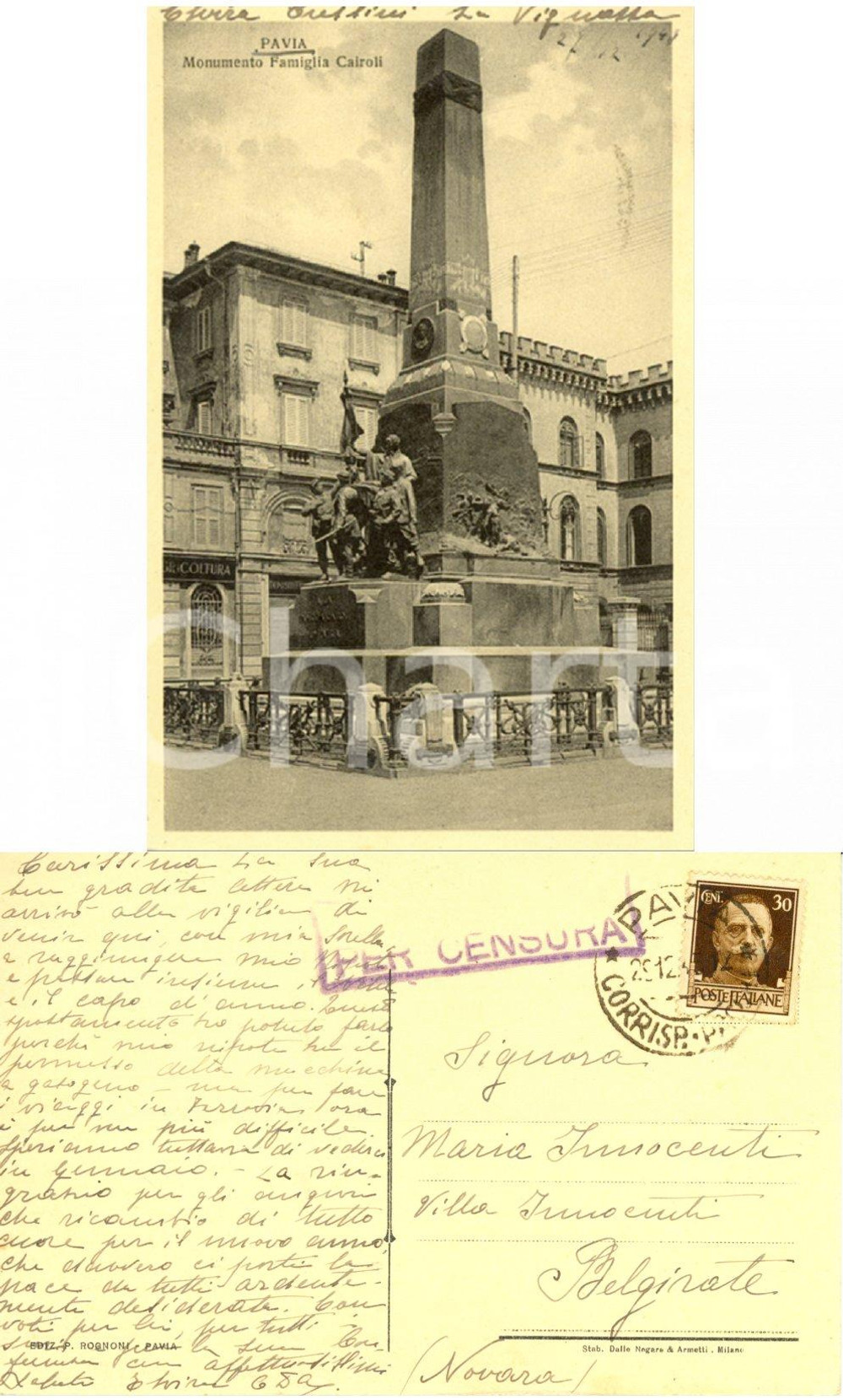Autografo originale 1933 PAVIA Monumento Cairoli *Elvira CRESSINI DELL'ACQUA a Maria INNOCENTI 1