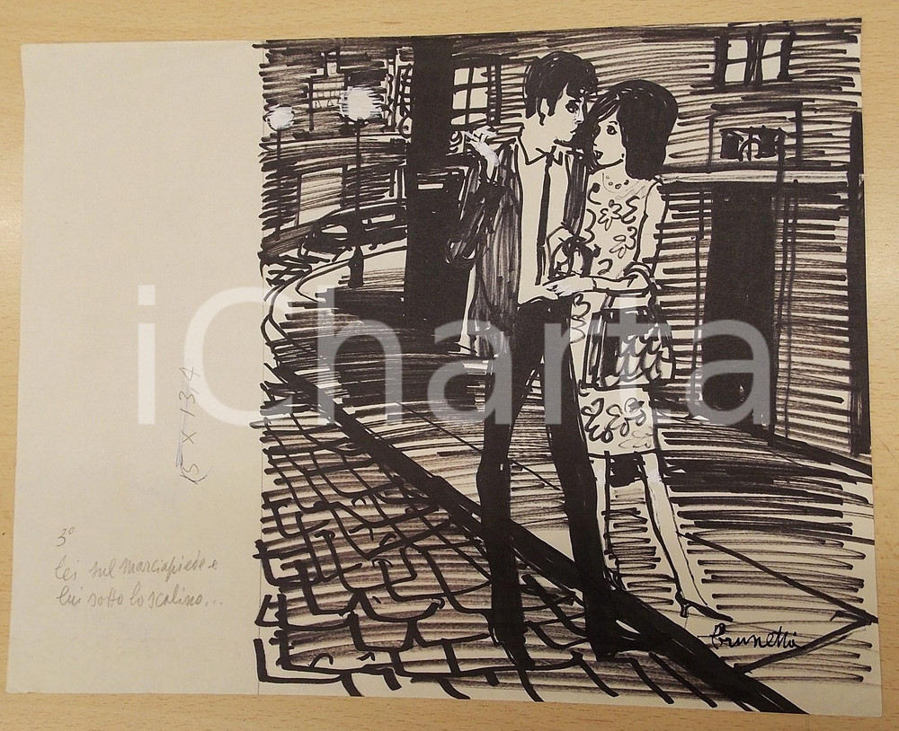 Stampa, bozzetto originale 1960 ca BRUNETTA Bruna MATELDI MORETTI Coppia in strada  Disegno originale 1
