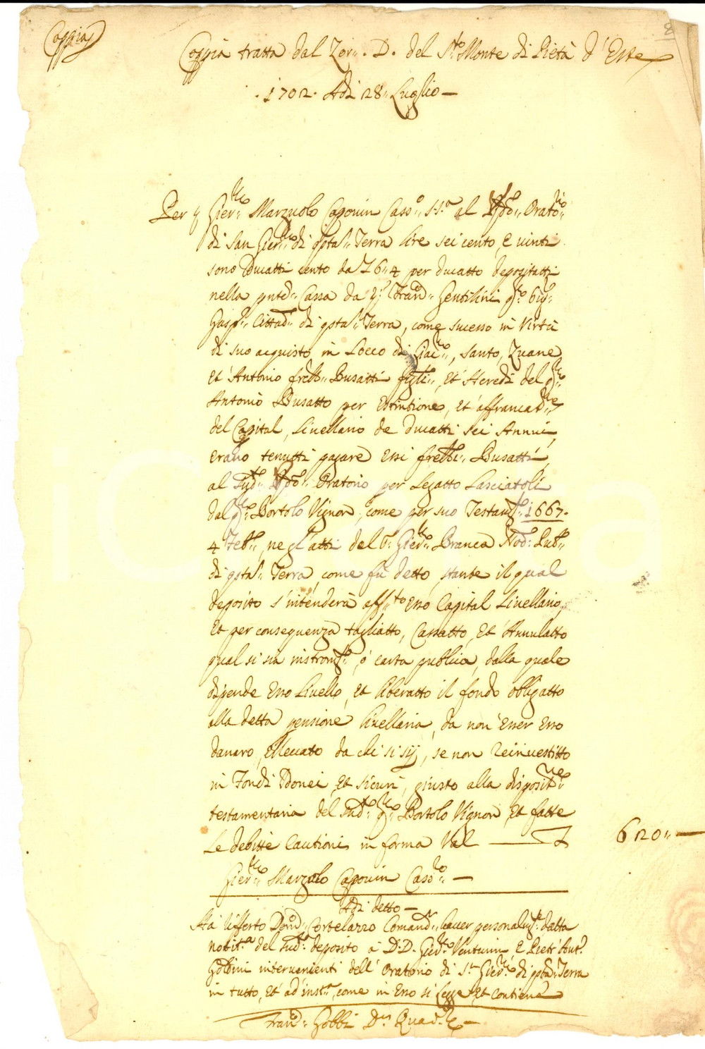 Documento originale, autentico 1702 ESTE (PD) Deposito legato del defunto Bortolo VIGNON a Oratorio S. GEROLAMO 1