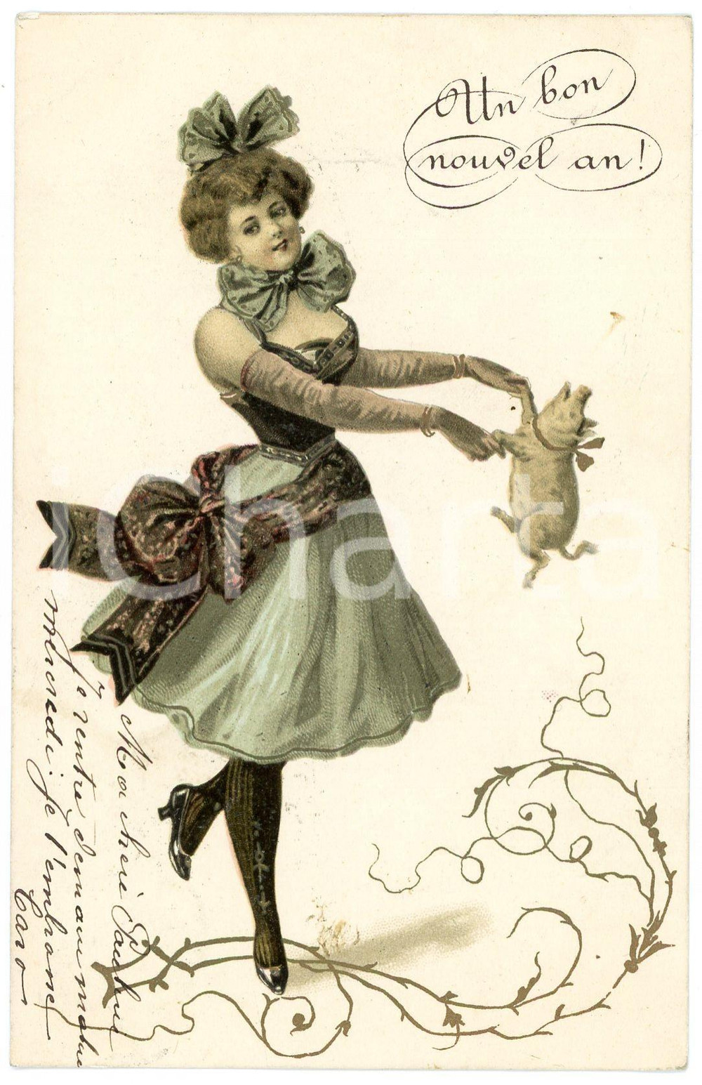 1904 - Un bon nouvel an! - Woman dancing with a pig - French vintage postcard  Cartolina postale d'epoca, viaggiata.CONDIZIONI: F (lievi piegature angolari)FORMATO: FP    originale e autentica 1
