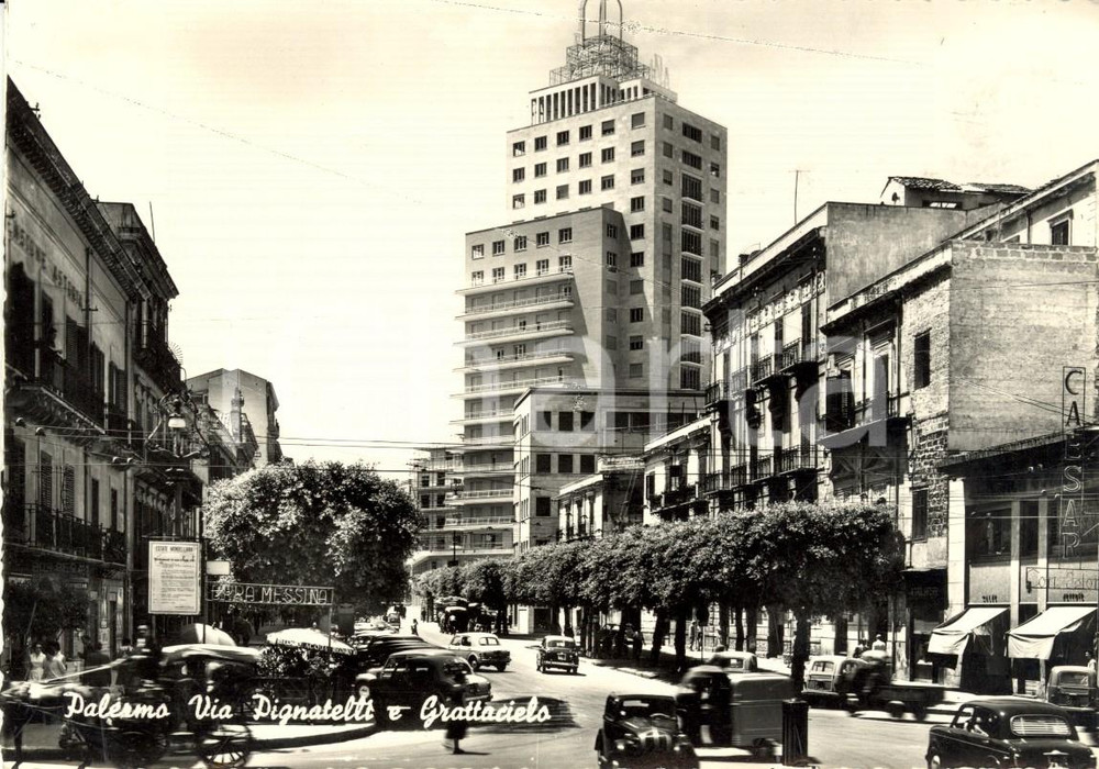 Cartolina originale da collezione 1959 PALERMO Via PIGNATELLI con grattacielo *Cartolina ANIMATA con auto FG VG 1