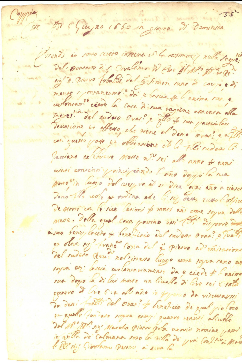 Documento originale, autentico 1660 ESTE PD Pietro TOBALDI lascia casa in eredità all Oratorio SAN GEROLAMO 1
