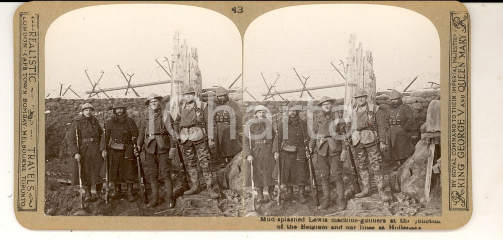 Fotografia d epoca originale 1918 WW1 GREAT WAR HOLLEBEKE Mudsplashed Lewis machinegunners Stereoscopica 1