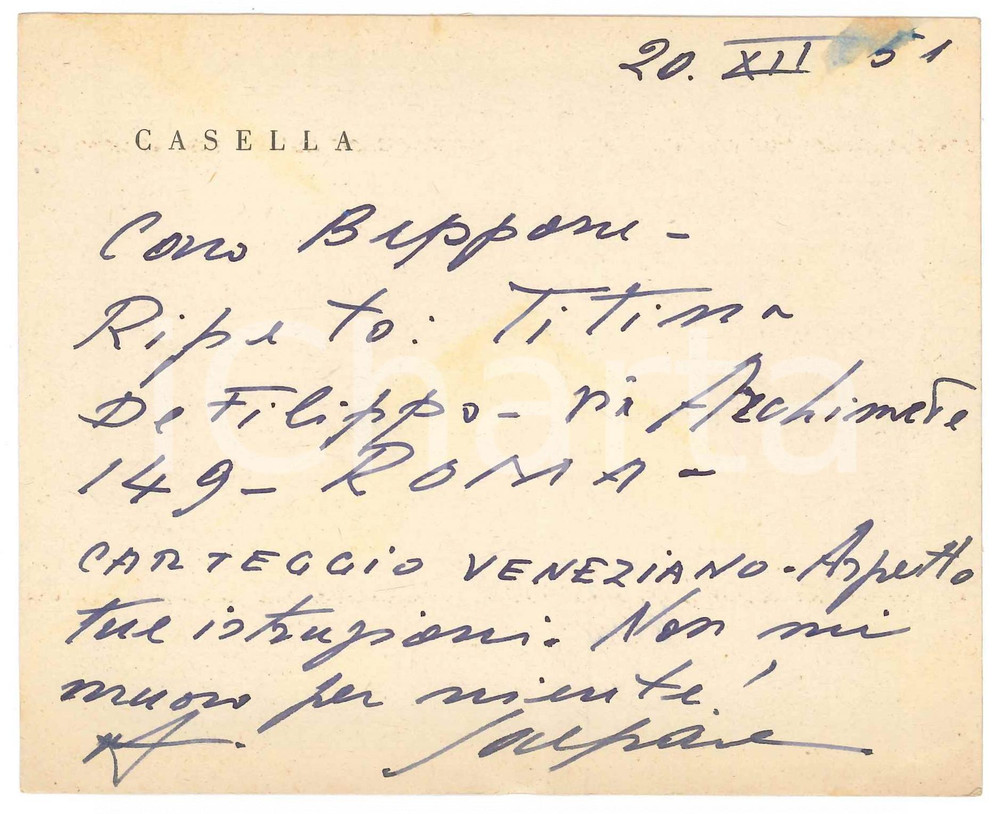 1951 NAPOLI Biglietto Gaspare CASELLA sul "carteggio veneziano"  - Autografo