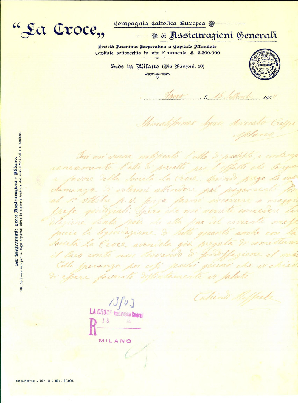 Documento originale, autentico 1902 FANO PU LA CROCE  ASSICURAZIONI GENERALI Dilazione per Raffaele CALIENDI 1