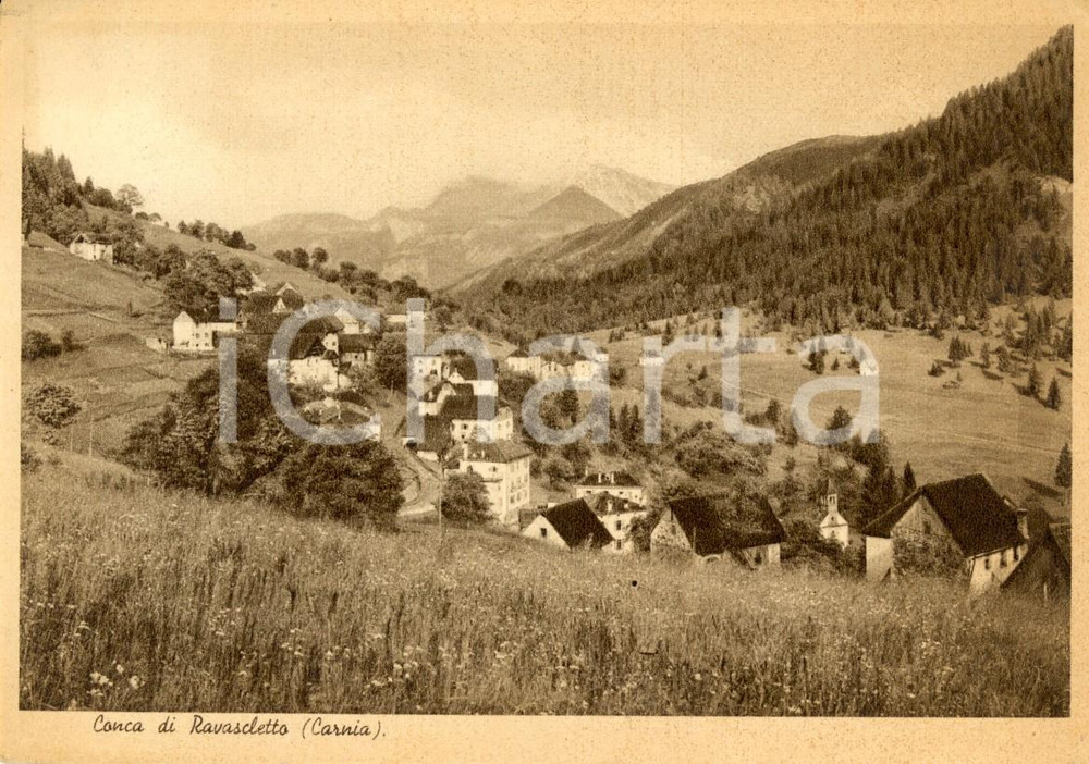 Cartolina originale da collezione 1940 ca RAVASCLETTO (UD) CARNIA Veduta del paese e della conca *Cartolina FG VG 1
