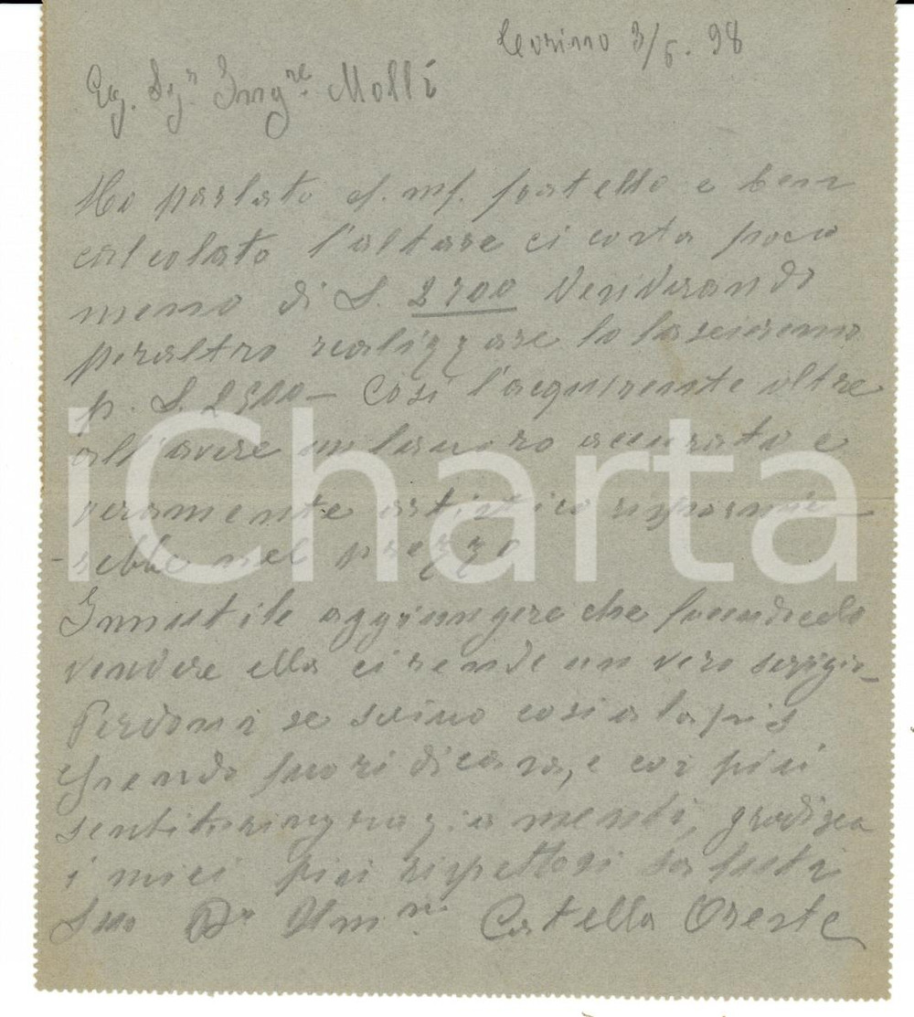 Autografo originale 1898 TORINO Impresario marmi Oreste CATELLA su altare per chiesa 1