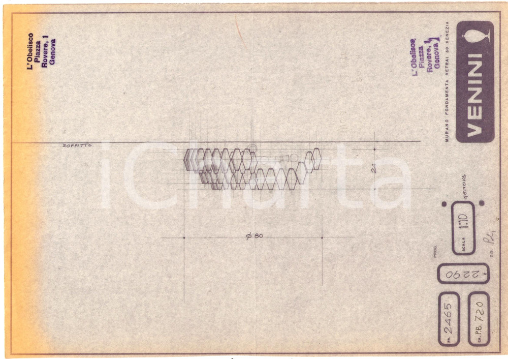 Materiale pubblicitario d’epoca 1960 ca MURANO VENEZIA vetrai VENINI Disegno plafoniera 1