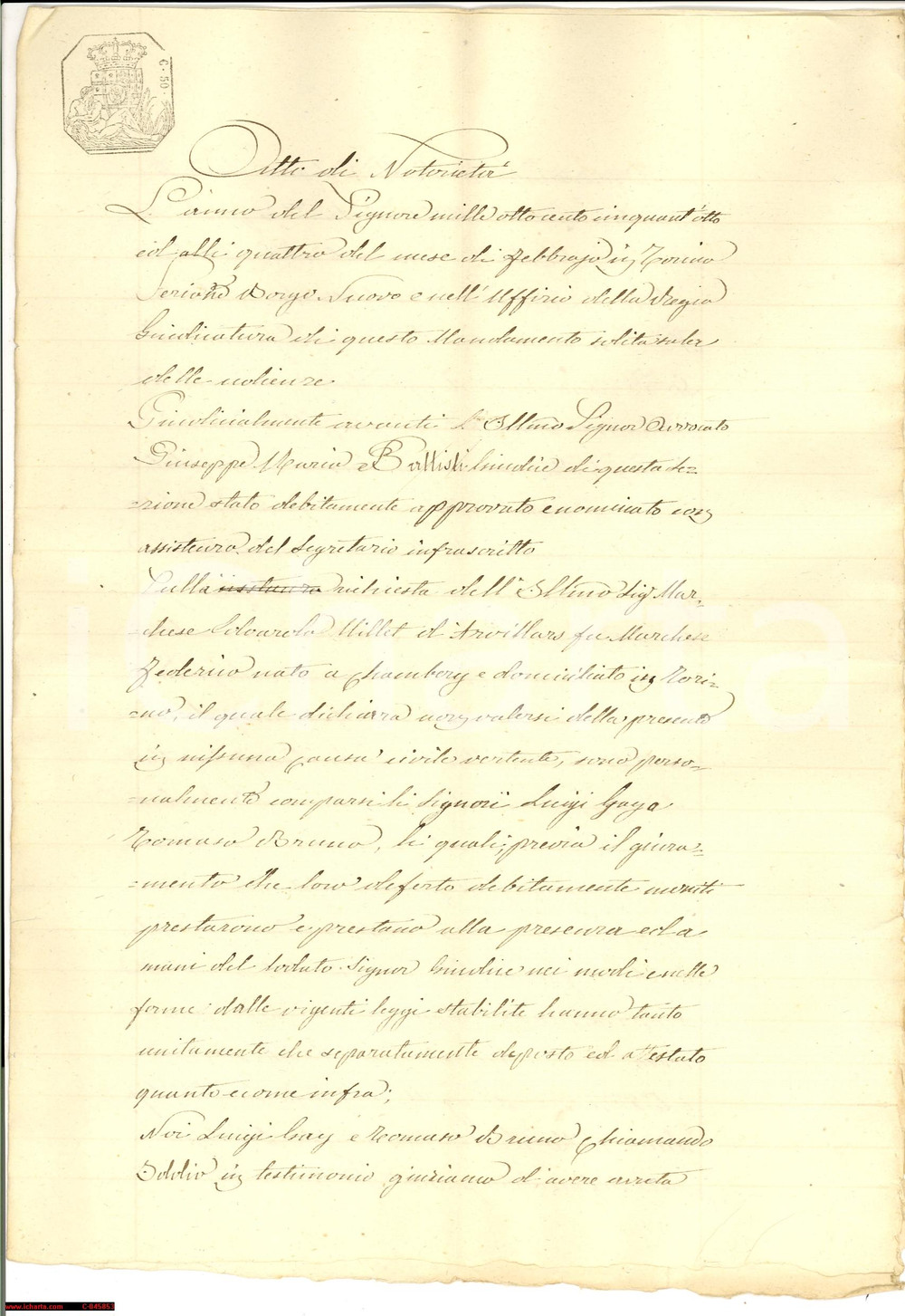 Documento originale, autentico 1858 TORINO Eredità del nobile Federico MILLET D ARVILLARS 1