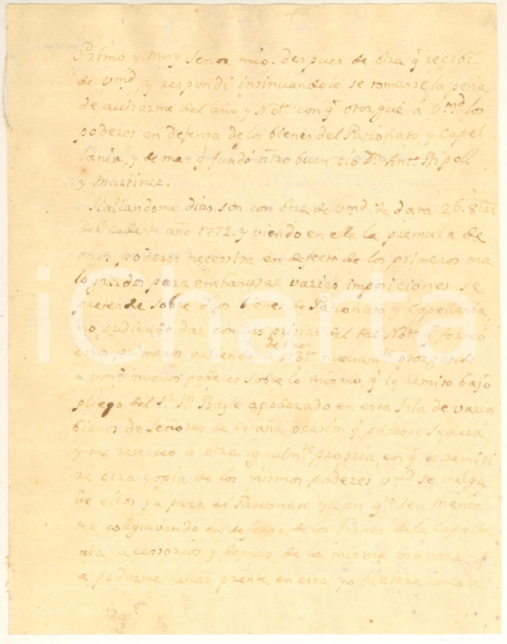 Documento originale, autentico 1772 CAGLIARI Lettera di don Pedro RIPOLL Y MANCA a don Francisco DE LAGO 1