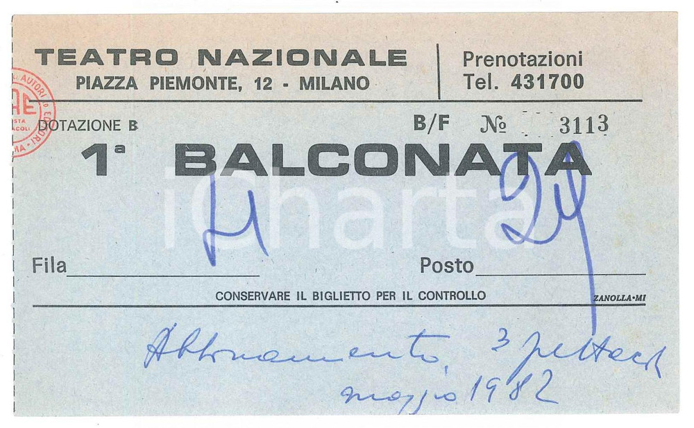 Oggetto da collezione cartaceo 1982 MILANO Teatro Nazionale  Biglietto balconata 13x8 cm 1
