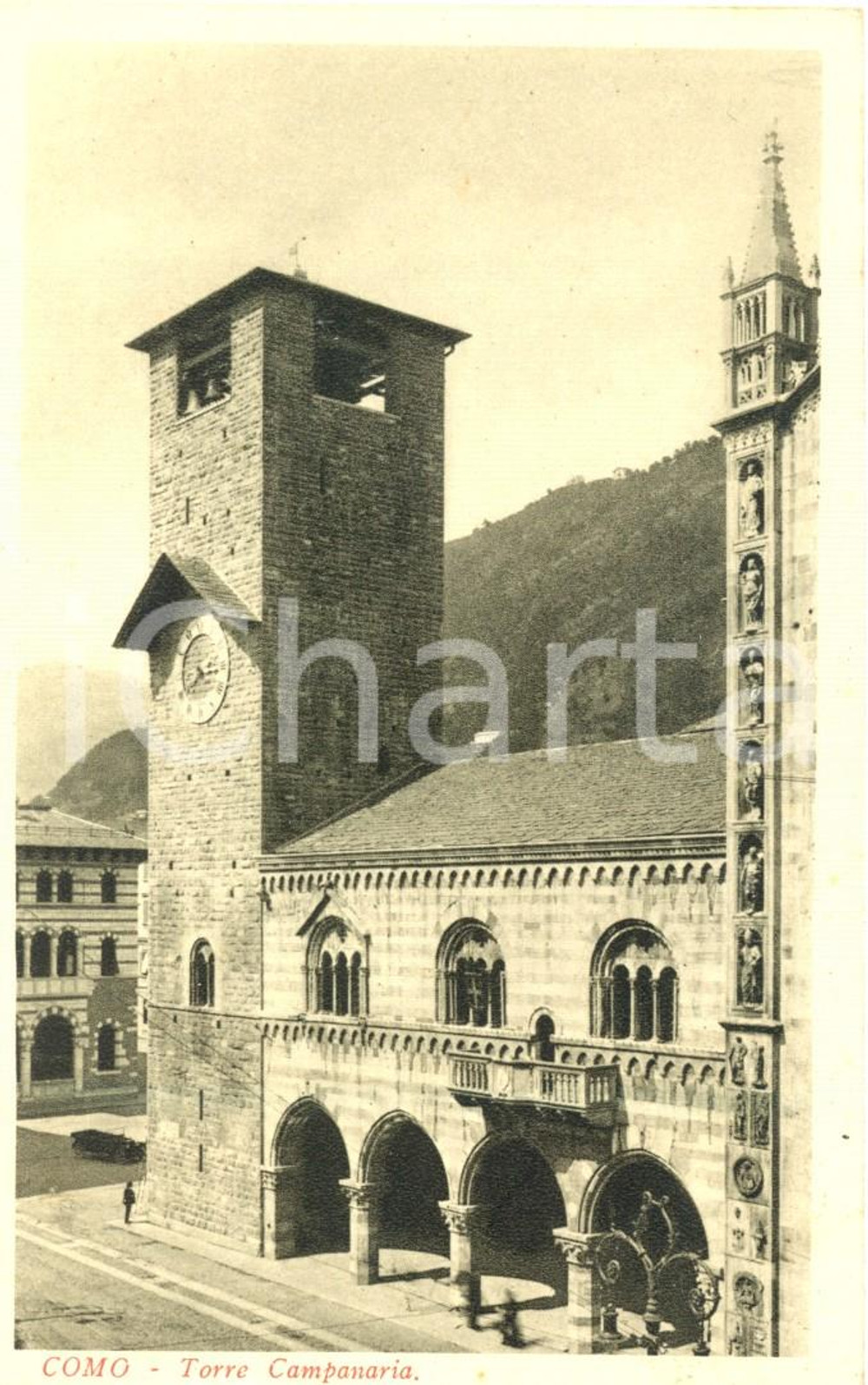 Cartolina originale da collezione 1935 ca COMO Veduta della TORRE CAMPANARIA - BROLETTO *Cartolina animata FP NV 1