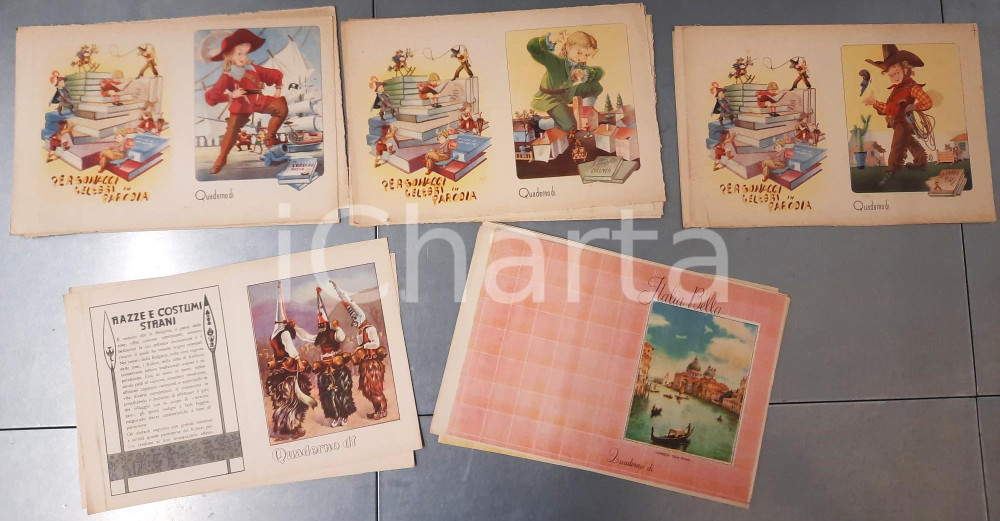 1950 ca ITALIA Quaderni - Lotto 24 bozze di copertine ILLUSTRATE 32x21 cm  Interessante lotto di 24 copertine per quaderni, non rilegate e mai utilizzate, realizzate negli anni Cinquanta.Il lotto &egrave; composto da: - 2 copertine della serie "Razze e costumi strani", illustrata da Armando Pomi; - 4 copertine della serie "Italia Bella";- 18 copertine della serie "Personaggi celebri in parodia". GOOD/buono buone condizioni generali; si segnalano alcune fioriture, minimi strappi marginali e una mancanza marginale a una copertina Formato: 32x21 cm (aperte) originale e autentica 1