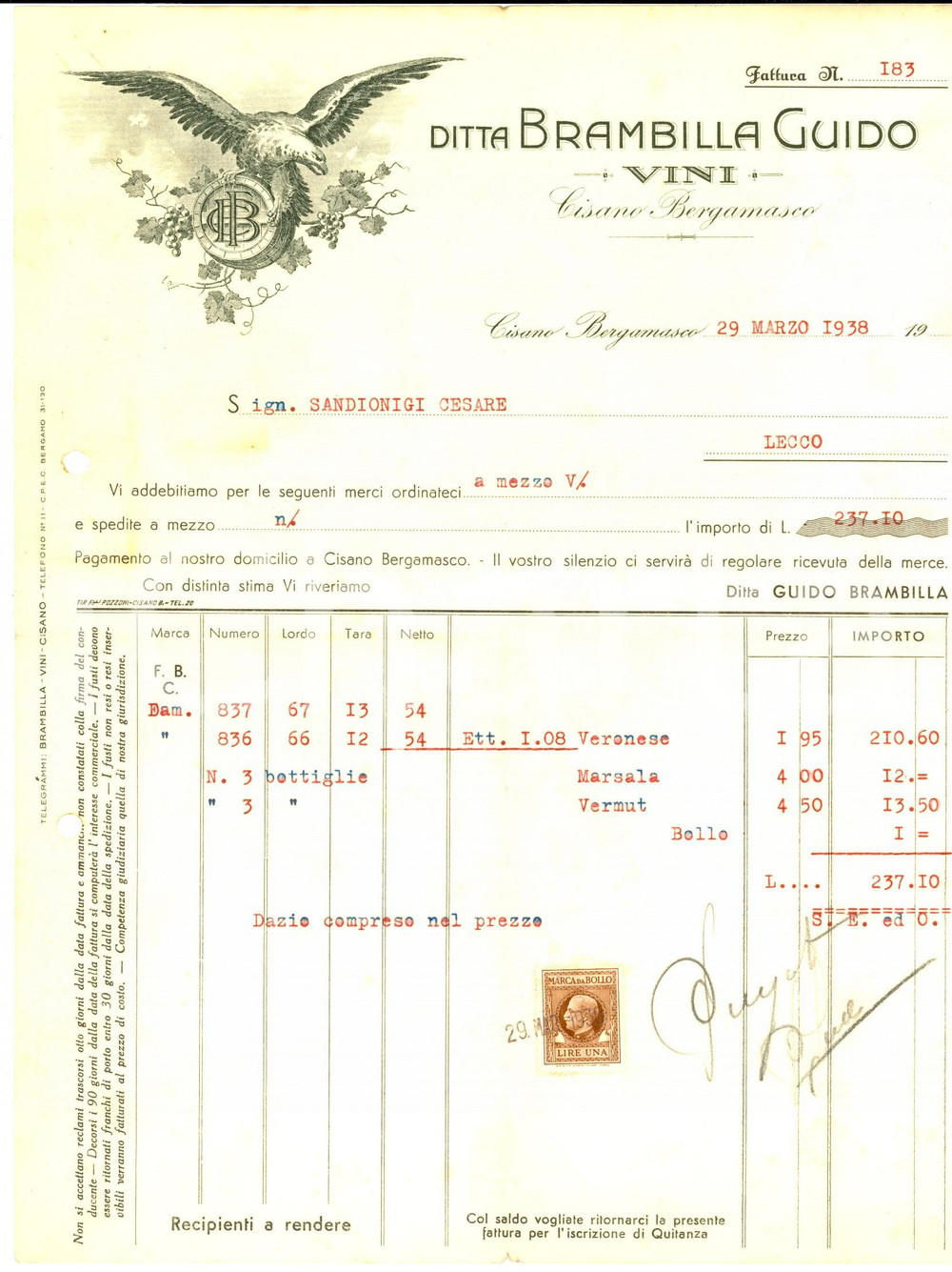 Documento originale, autentico 1938 CISANO BERGAMASCO Ditta Guido BRAMBILLA vini *Fattura intestata 1