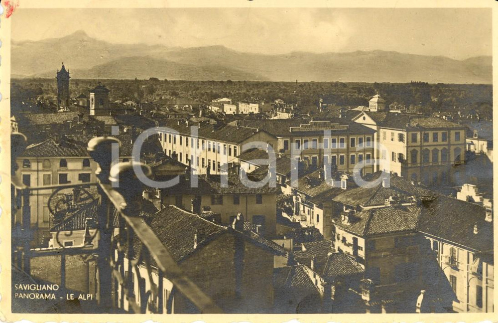 Cartolina originale da collezione 1934 SAVIGLIANO (CN) Panorama del paese con le ALPI *Cartolina postale FP VG 1
