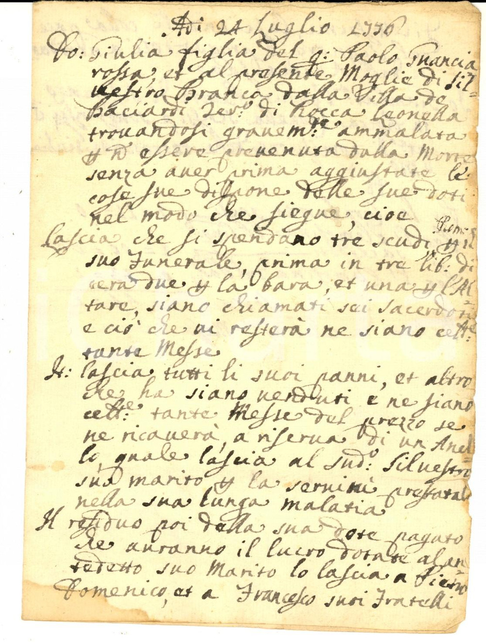 Documento originale, autentico 1776 ROCCA LEONELLA PU Testamento di Giulia GUANCIAROSSA BRANCA Manoscritto 1